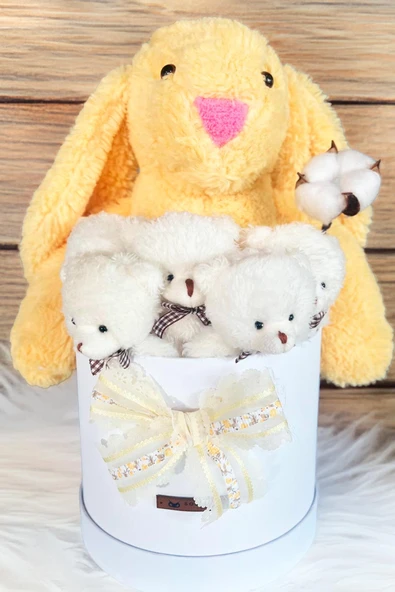 Özel Kutuda, Sarı Jellycat Tavşan, 5 Beyaz Ayıcık – Pamuk Çiçeği Dokunuşlu, Özel Ayıcık Buketi - 2