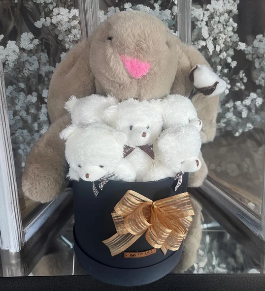 Özel Kutuda, Boz Jellycat Tavşan, 5 Beyaz Ayıcık – Pamuk Çiçeği Dokunuşlu, Özel Ayıcık Buketi - 2