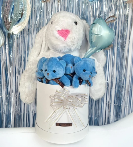 Özel Kututusunda; 45 cm Beyaz Jellycat Tavşan, 5'li Ayıcık ve Folyo Kalp Balonlu SET-Ayıcık Buketi - 4