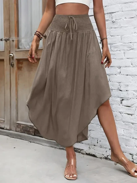 Kadın yüksek bel belden bağlamalı asimetrik kesim detaylı sandy etek - 11