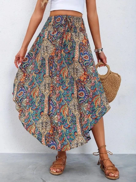 Kadın beli lastikli bağcıklı asimetrik kesim detaylı desenli bürümcük etek - 8