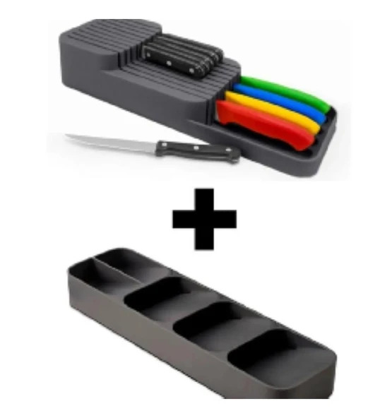 2 Sıra Bıçaklık + 5 Bölmeli Çekmece Içi Kaşıklık 2' Li Düzenleyici Set (Siyah) - 2