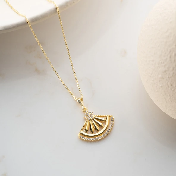 Vaoov 925 Ayar Gümüş Gold Yelpaze Kolye - Resim 3