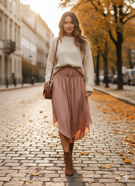 Kadın yüksek bel belden bağlamalı asimetrik kesim detaylı sandy etek