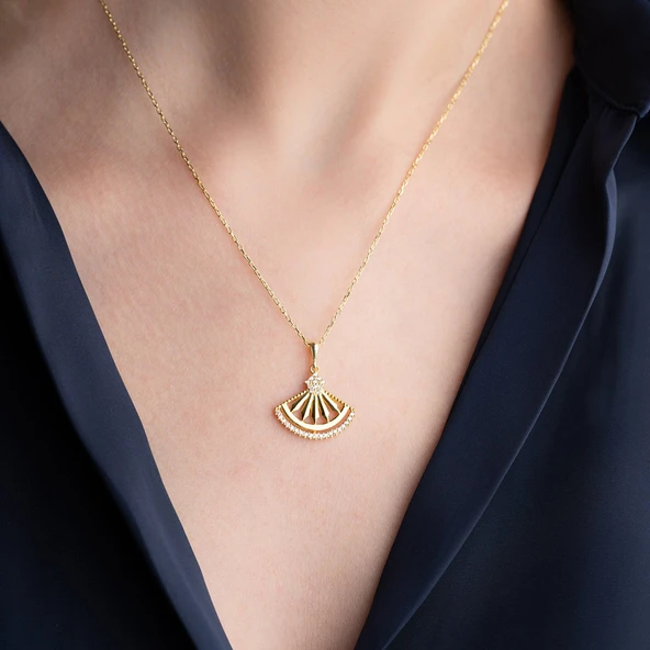 Vaoov 925 Ayar Gümüş Gold Yelpaze Kolye - Resim 4