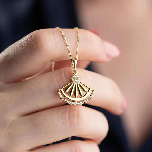 Vaoov 925 Ayar Gümüş Gold Yelpaze Kolye - Resim 2