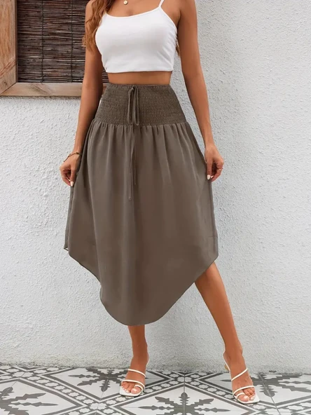 Kadın yüksek bel belden bağlamalı asimetrik kesim detaylı sandy etek - 5