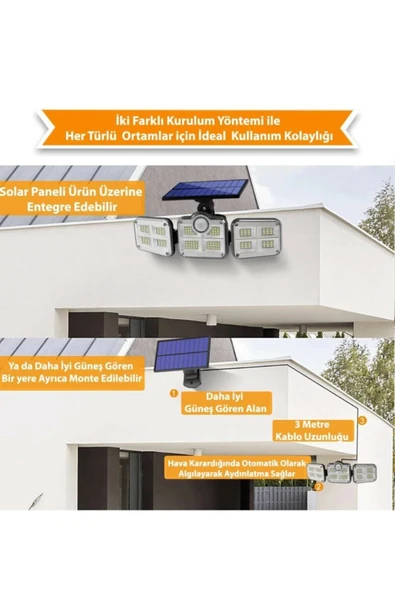 Kumandalı Solar Güneş Enerjili 122 Ledli Hareket Sensörlü Bahçe Aydınlatma Sokak Lambası - 3