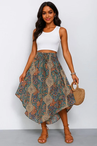 Kadın beli lastikli bağcıklı asimetrik kesim detaylı desenli bürümcük etek - 2