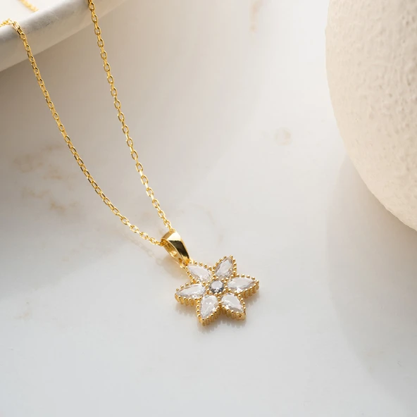 Vaoov 925 Ayar Gümüş Damla Taşlı Gold Çiçek Kolye - Resim 2