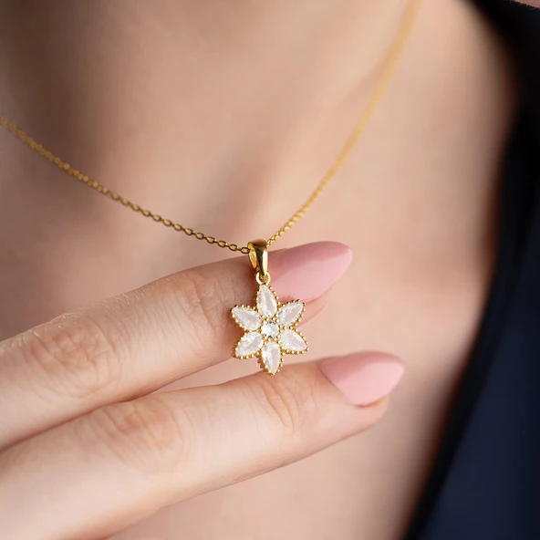 Vaoov 925 Ayar Gümüş Damla Taşlı Gold Çiçek Kolye - Resim 3