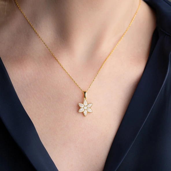 Vaoov 925 Ayar Gümüş Damla Taşlı Gold Çiçek Kolye - Resim 5