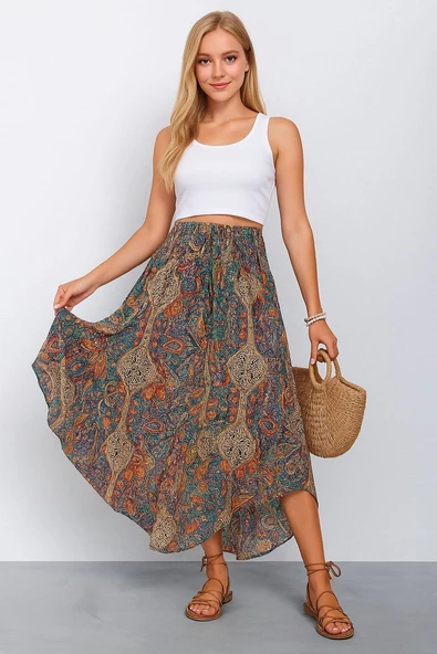 Kadın beli lastikli bağcıklı asimetrik kesim detaylı desenli bürümcük etek