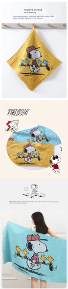 Snoopy Pamuklu Müslin Havlu Seti - Mavi 1 Banyo Havlusu 1 Havlu 1 Kare Havlu - 10