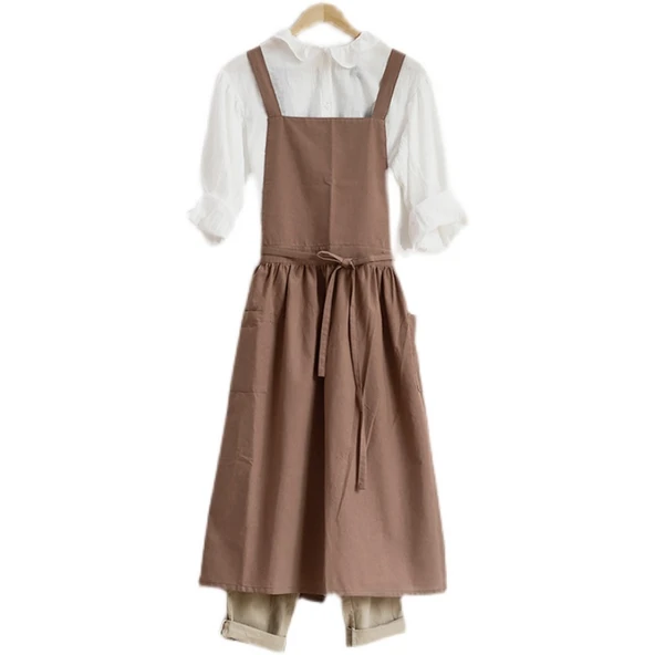 Askılı Fransız Stil Pamuklu Mutfak Önlüğü - Pembe Etekli (Model 2) - 6