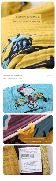 Snoopy Pamuklu Müslin Tek Banyo Havlusu - Mavi - 12