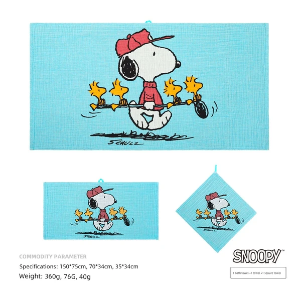 Snoopy Pamuklu Müslin Havlu Seti - Mavi 1 Banyo Havlusu 1 Havlu 1 Kare Havlu