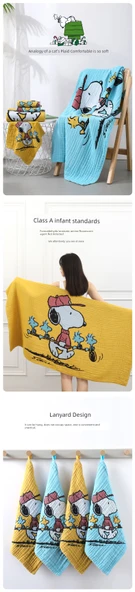 Snoopy Pamuklu Müslin Havlu Seti - Mavi 1 Banyo Havlusu 1 Havlu 1 Kare Havlu - 9