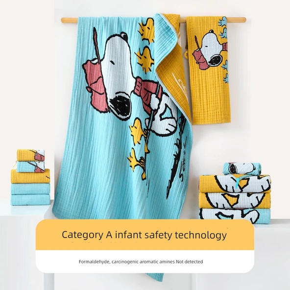 Snoopy Pamuklu Müslin Havlu Seti - Mavi 1 Banyo Havlusu 1 Havlu 1 Kare Havlu - 5