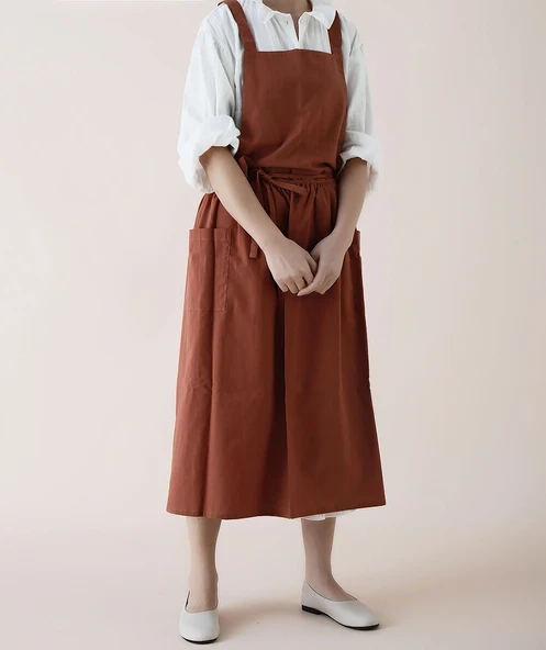 Askılı Fransız Stil Pamuklu Mutfak Önlüğü - Pembe Etekli (Model 2) - 10