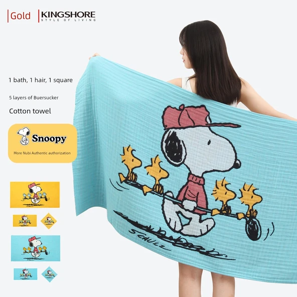 Snoopy Pamuklu Müslin Havlu Seti - Mavi 1 Banyo Havlusu 1 Havlu 1 Kare Havlu - 2