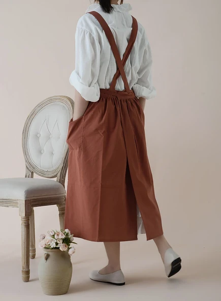 Askılı Fransız Stil Pamuklu Mutfak Önlüğü - Pembe Etekli (Model 2) - 8