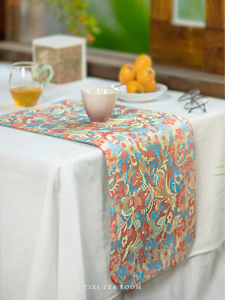 Çin Tarzı Jakarlı Dokuma Goblen Saten Çay Matı - Çiçek Tüy Kare Pencere - 3