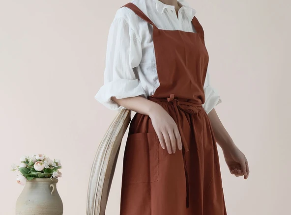 Askılı Fransız Stil Pamuklu Mutfak Önlüğü - Pembe Etekli (Model 2) - 7