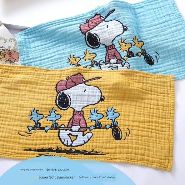 Snoopy Pamuklu Müslin Havlu Seti - Mavi 1 Banyo Havlusu 1 Havlu 1 Kare Havlu - 6