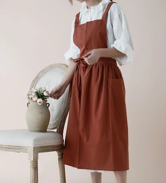 Askılı Fransız Stil Pamuklu Mutfak Önlüğü - Pembe Etekli (Model 2) - 9