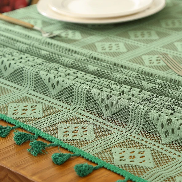 Retro Desenli Dantel Masa Örtüsü - Siyah Dantelli 140x140cm - 5