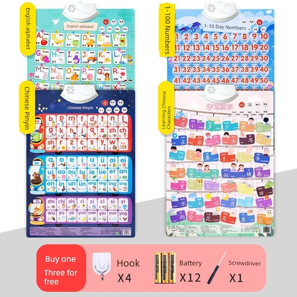 Çince Pinyin Alfabe Duvar Tablosu - Sesli Erken Eğitim - [Dört Set] Pinyin + Çince Karakterler + Harfler + Sayılar