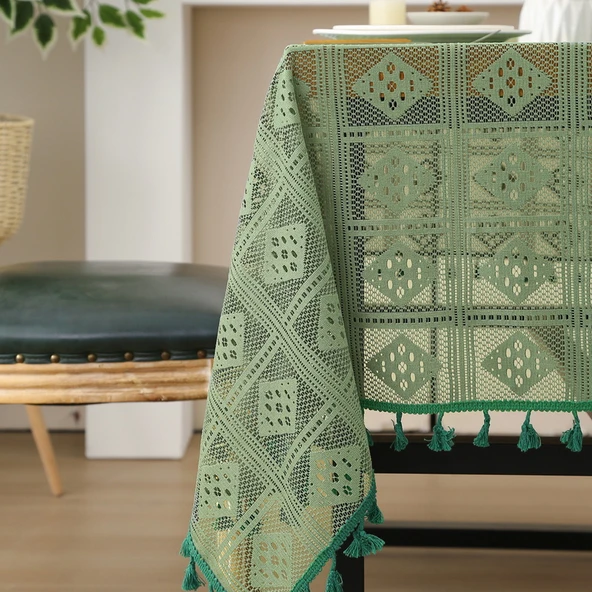 Retro Desenli Dantel Masa Örtüsü - Siyah Dantelli 140x140cm - 3