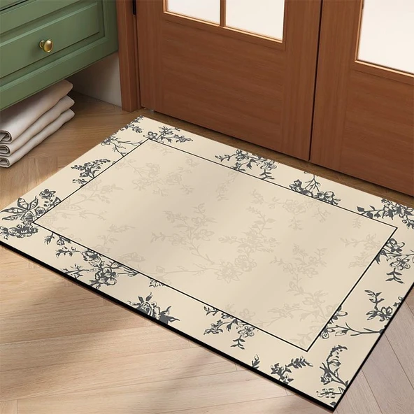 Fransız Retro Diatomit Kaymaz Paspas - Çiçekli Brokar - 50x80cm - Resim 6