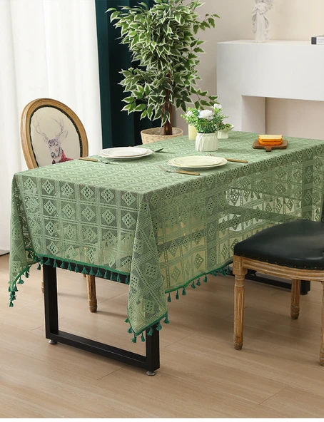 Retro Desenli Dantel Masa Örtüsü - Siyah Dantelli 140x230cm - 7