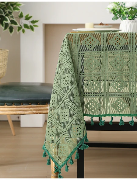 Retro Desenli Dantel Masa Örtüsü - Siyah Dantelli 140x230cm - 11