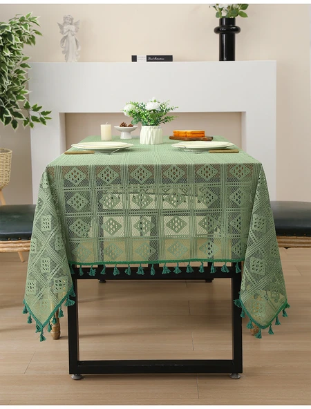 Retro Desenli Dantel Masa Örtüsü - Siyah Dantelli 140x230cm - 8