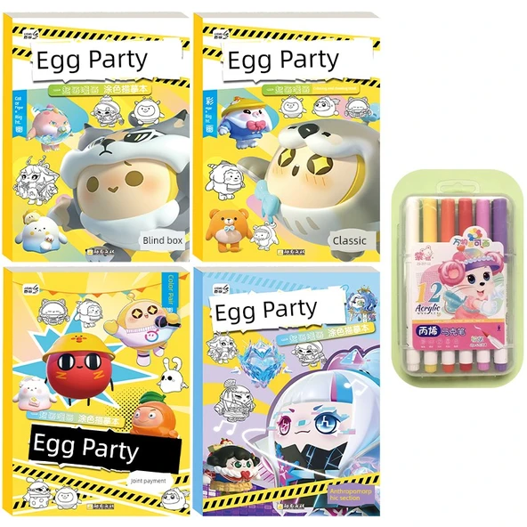 Yumurta Puf Anime Eskiz Defteri - Yumurta Partisi 4 + 12 Renkli Keçeli Kalem