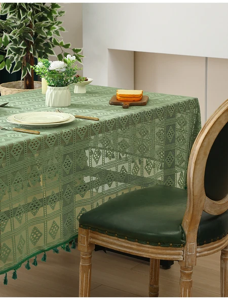 Retro Desenli Dantel Masa Örtüsü - Siyah Dantelli 140x140cm - 10
