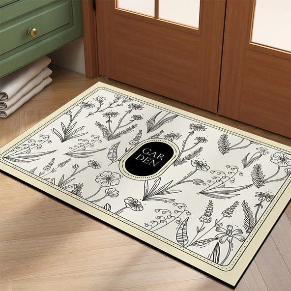 Fransız Retro Diatomit Kaymaz Paspas - Çiçekli Brokar - 60x90cm