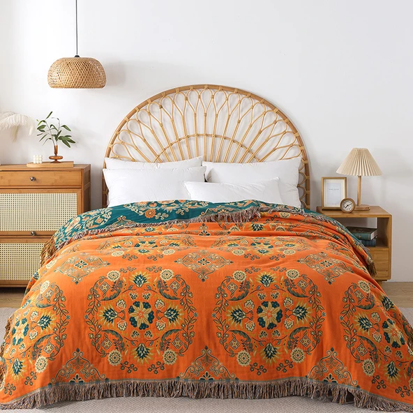 Pamuklu Nordic Stil Turuncu Çiçekli Püsküllü Kanepe Örtüsü/Yazlık Battaniye - 150x200cm