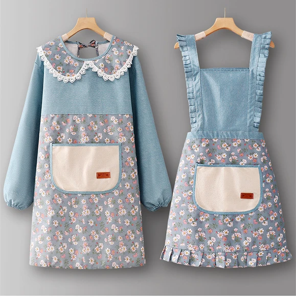 Pamuklu Kanvas Mutfak Önlüğü - Sarı SJ814 - Uzun Kollu, Yan Cepli - Resim 6