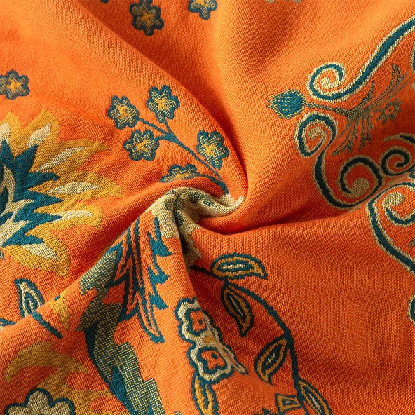 Pamuklu Nordic Stil Turuncu Çiçekli Püsküllü Kanepe Örtüsü/Yazlık Battaniye - 150x200cm - 4