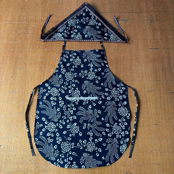 Etnik Desen Pamuk Çocuk Boyundan Bağlamalı Önlük Seti - Eşarplı - Resim 2