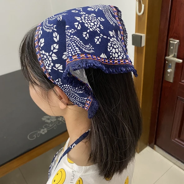 Etnik Desen Pamuk Çocuk Boyundan Bağlamalı Önlük Seti - Eşarplı - Resim 9