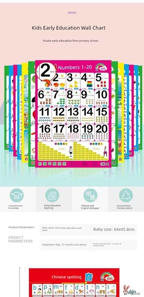 Çocuklar İçin Erken Eğitim Duvar Tablosu - Okuma Yazma, Pinyin, Sayı Tanıma - 8