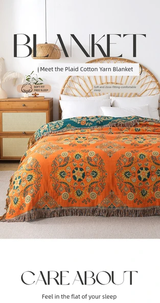 Pamuklu Nordic Stil Turuncu Çiçekli Püsküllü Kanepe Örtüsü/Yazlık Battaniye - 150x200cm - 7
