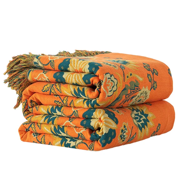 Pamuklu Nordic Stil Turuncu Çiçekli Püsküllü Kanepe Örtüsü/Yazlık Battaniye - 150x200cm - 6