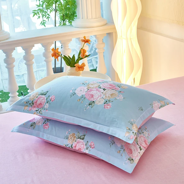 Pamuk Yastık Kılıfı 48x74 cm - Koyu Pembe (Güzel Çiçekler Çift) - Resim 6