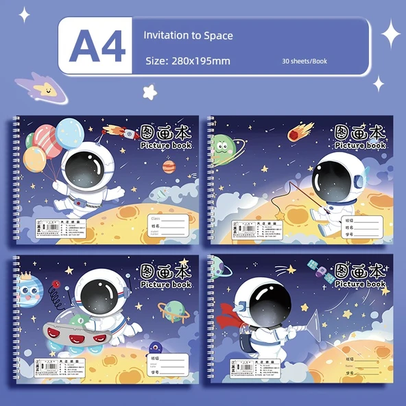 A4 Çocuk Boyama Eskiz Defteri - Kalın Kağıt - A4 Uzayda Seyahat - 4'lü Paket